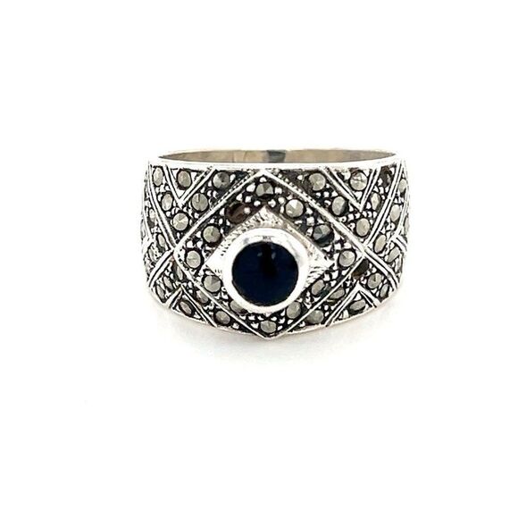 Bold Onyx/Marcasite Sterling Silver 925 Ring - Picture 1 of 10